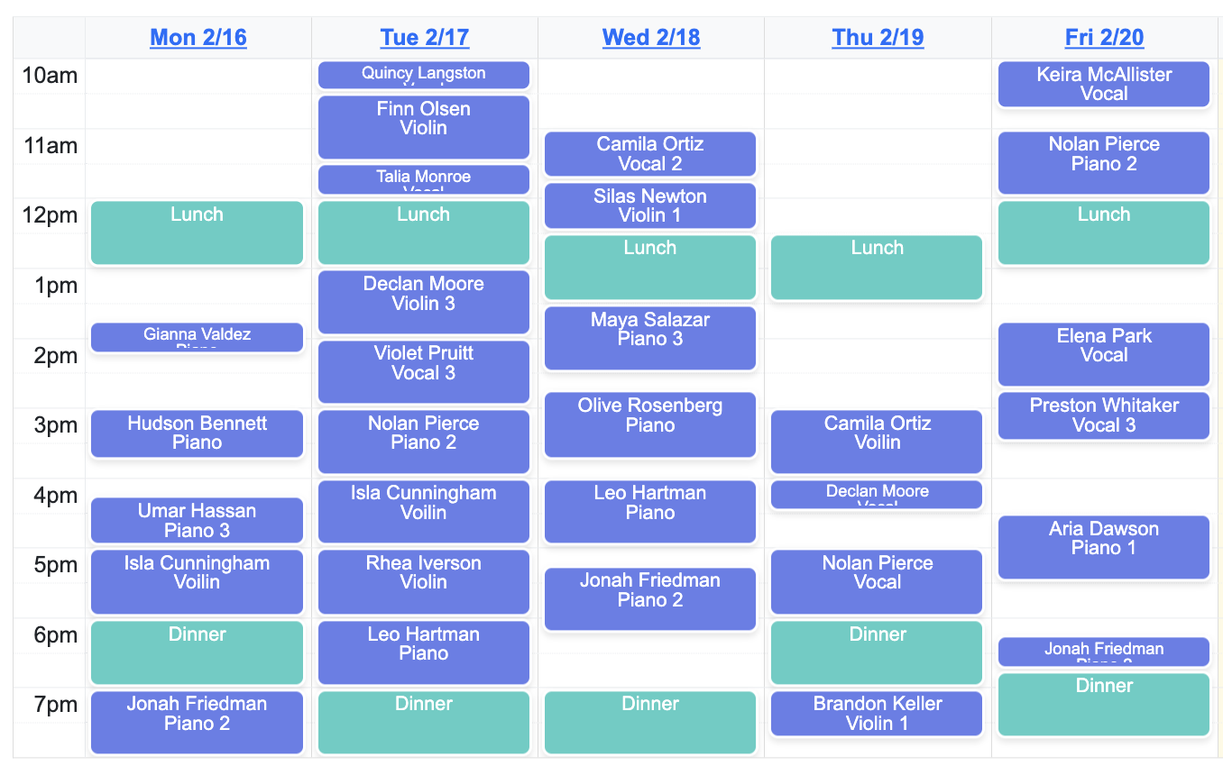 Weekly teaching schedule