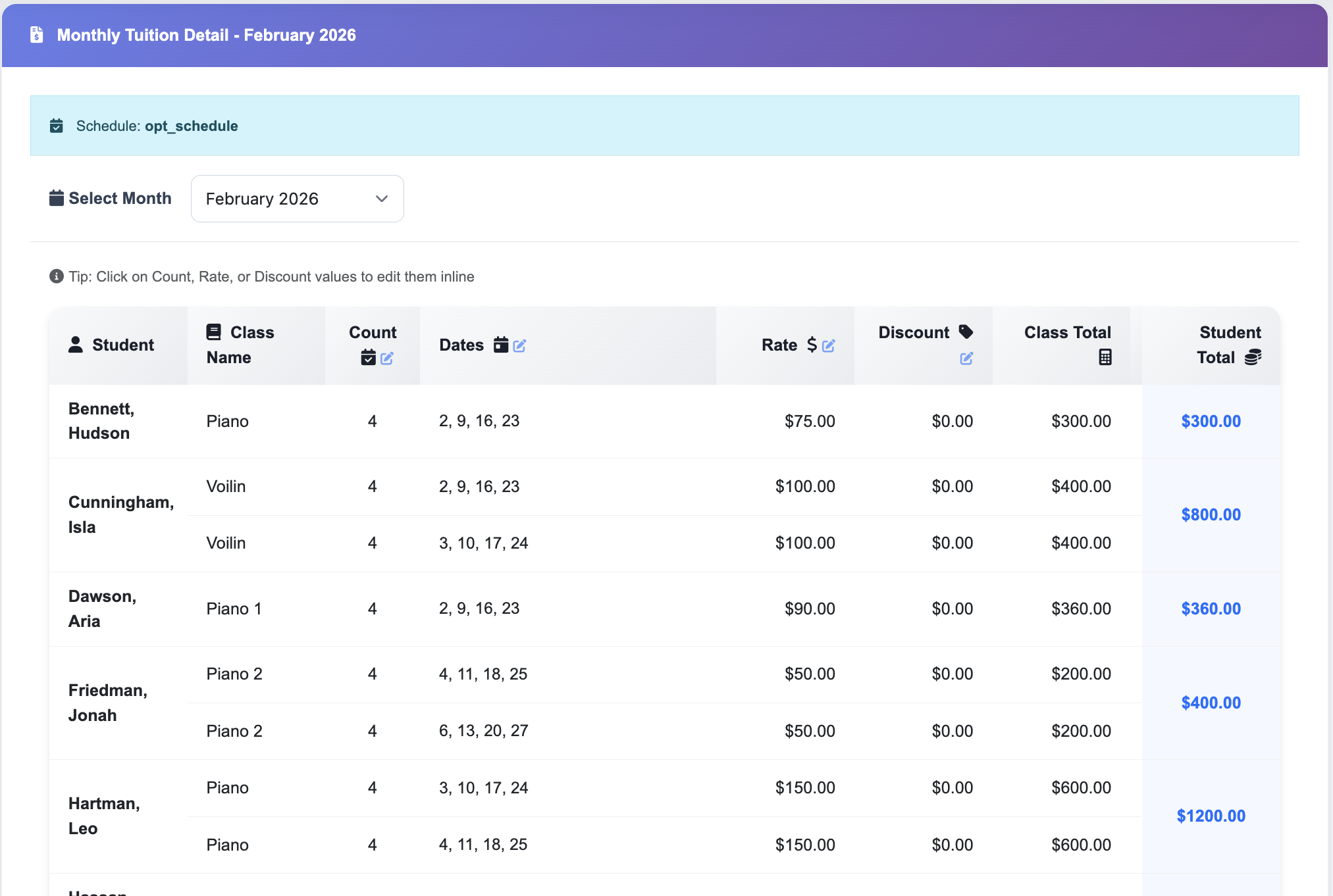 Monthly tuition detail